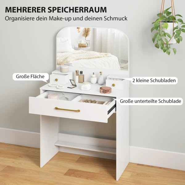 Kaptafel Met Spiegel, Compacte Kaptafel Met 3 Lades, Wit