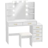 Kaptafel Met Verlichte Spiegel En Gestoffeerde Kruk, Make up Set Met 6 Lades En Planken, Wit