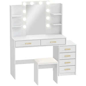 Kaptafel Met Verlichte Spiegel En Gestoffeerde Kruk, Make up Set Met 6 Lades En Planken, Wit
