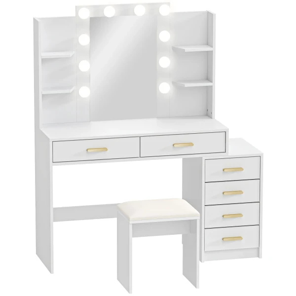 Kaptafel Met Verlichte Spiegel En Gestoffeerde Kruk, Make up Set Met 6 Lades En Planken, Wit