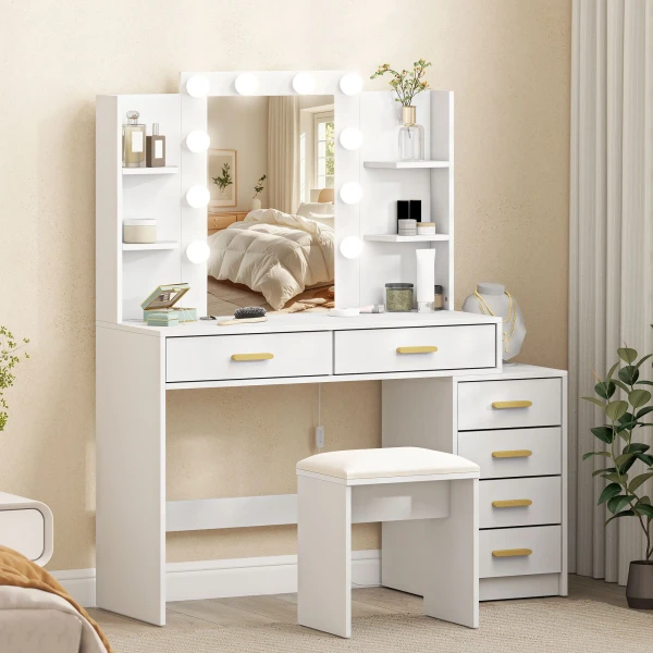 Kaptafel Met Verlichte Spiegel En Gestoffeerde Kruk, Make up Set Met 6 Lades En Planken, Wit