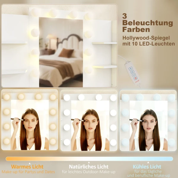 Kaptafel Met Verlichte Spiegel En Gestoffeerde Kruk, Make up Set Met 6 Lades En Planken, Wit