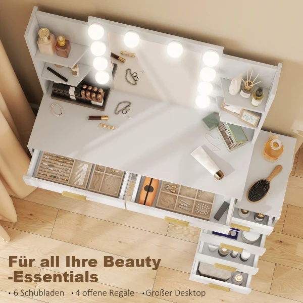 Kaptafel Met Verlichte Spiegel En Gestoffeerde Kruk, Make up Set Met 6 Lades En Planken, Wit