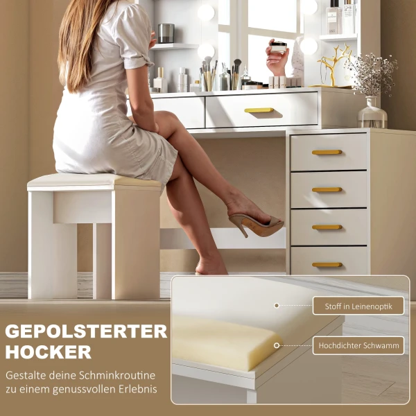 Kaptafel Met Verlichte Spiegel En Gestoffeerde Kruk, Make up Set Met 6 Lades En Planken, Wit