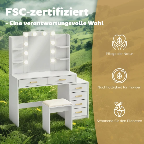 Kaptafel Met Verlichte Spiegel En Gestoffeerde Kruk, Make up Set Met 6 Lades En Planken, Wit