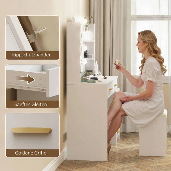 Kaptafel Met Verlichte Spiegel En Gestoffeerde Kruk, Make up Set Met 6 Lades En Planken, Wit