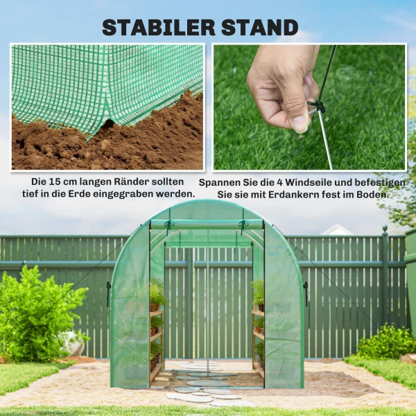 Kas 3 X 2 X 2 M Foliekas Met Rolbare 2 Ritsdeur & 6 Netvensters Ondersteuningsstangen Groen