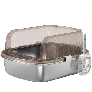 Kattenbak Van Roestvrij Staal, Katten Toilet Met Hoge Rand, Bak, Inclusief Schep, Voor Grote Katten, 53x42x27cm, Koolgrijs