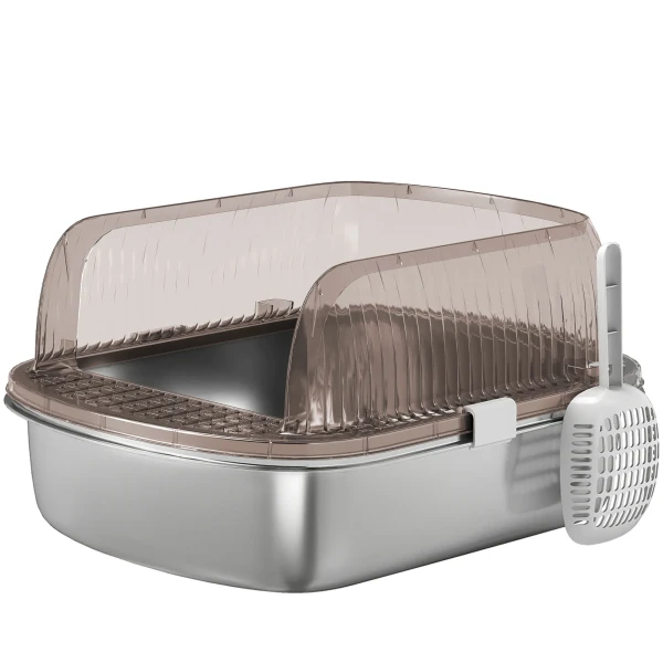 Kattenbak Van Roestvrij Staal, Katten Toilet Met Hoge Rand, Bak, Inclusief Schep, Voor Grote Katten, 53x42x27cm, Koolgrijs