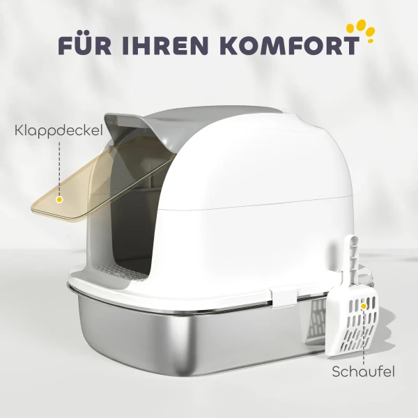 Kattenbak Van Roestvrij Staal Met Deksel, Kattentoilet Met Bak, Kattenbakschep, Voor Katten Onder De 5 Kg, 52,4 X 41,3 X 42 Cm, Wit