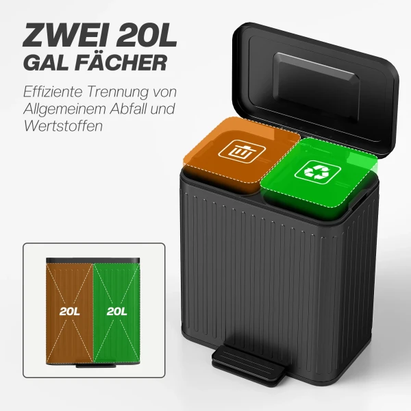Keukenafvalbak, 2 X 20 L vakken, Efficiënte Afvalscheiding, Voetpedaal, Kunststof, Metaal, Zwart