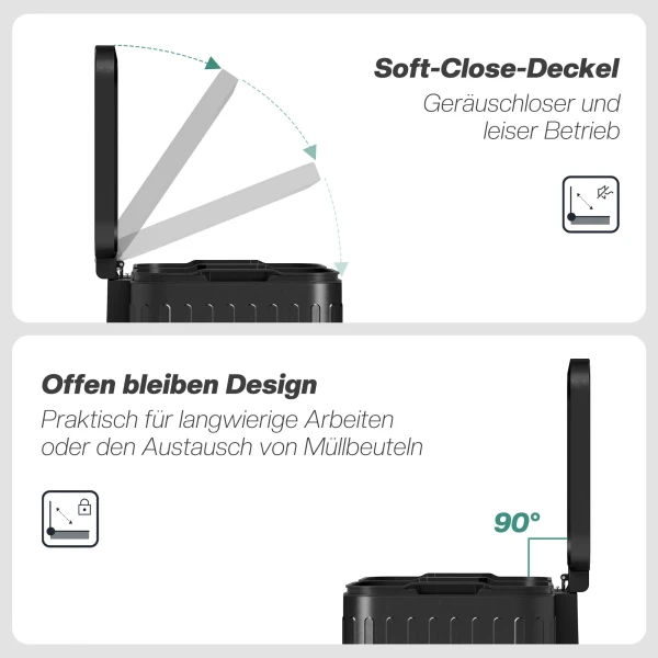 Keukenafvalbak, 2 X 20 L vakken, Efficiënte Afvalscheiding, Voetpedaal, Kunststof, Metaal, Zwart