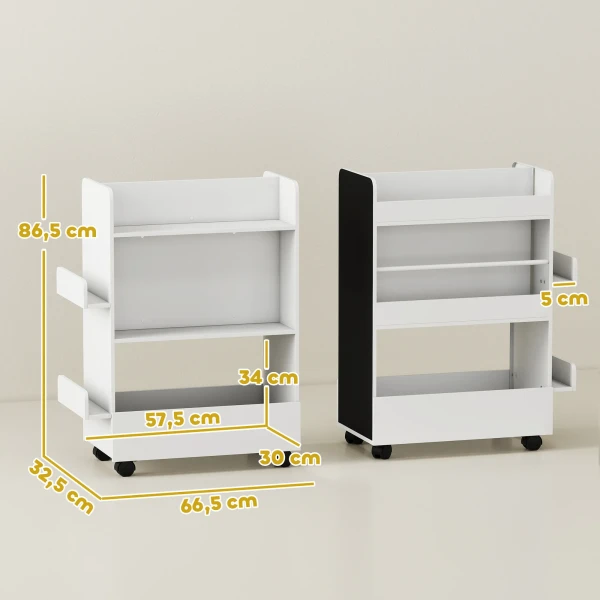 Kinderboekenkast Met 4 Planken, Bodemvak, 2 Zijpanelen, Schoolbord, Wielen, Voor 3 8 Jaar, 66,5x32,5x86,5 Cm Wit