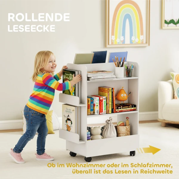 Kinderboekenkast Met 4 Planken, Bodemvak, 2 Zijpanelen, Schoolbord, Wielen, Voor 3 8 Jaar, 66,5x32,5x86,5 Cm Wit