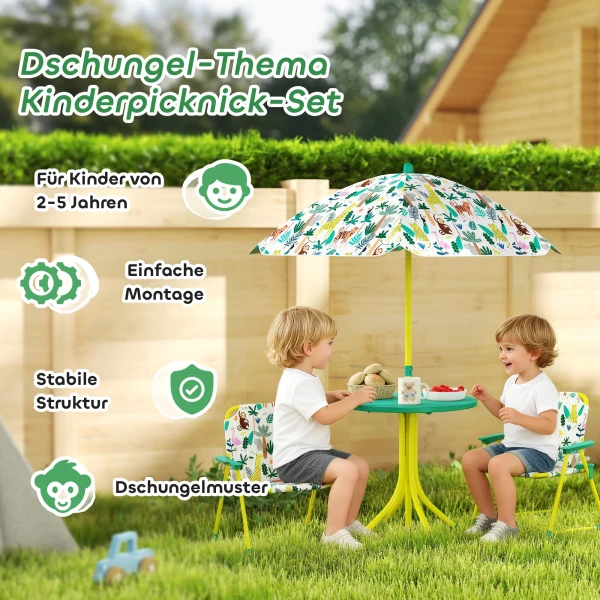 Kinderset, 4 delige Kinderzitset Met Afneembare Zonnescherm, Kindertafel Met 2 Klapstoelen, Groen