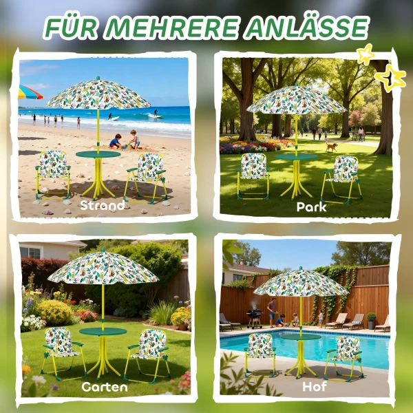 Kinderset, 4 delige Kinderzitset Met Afneembare Zonnescherm, Kindertafel Met 2 Klapstoelen, Groen