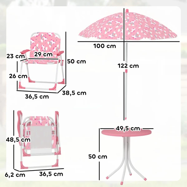 Kinderset, 4 delige Kinderzitset Met Afneembare Zonnescherm, Kindertafel Met 2 Klapstoelen, Roze