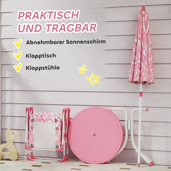 Kinderset, 4 delige Kinderzitset Met Afneembare Zonnescherm, Kindertafel Met 2 Klapstoelen, Roze
