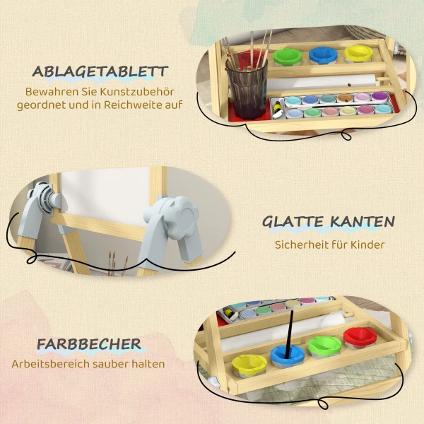 Kinderstaffelei Van Hout, Dubbelzijdig Whiteboard En Krijtbord, In Hoogte Verstelbaar Met Papierrol, Opslag, Natuur