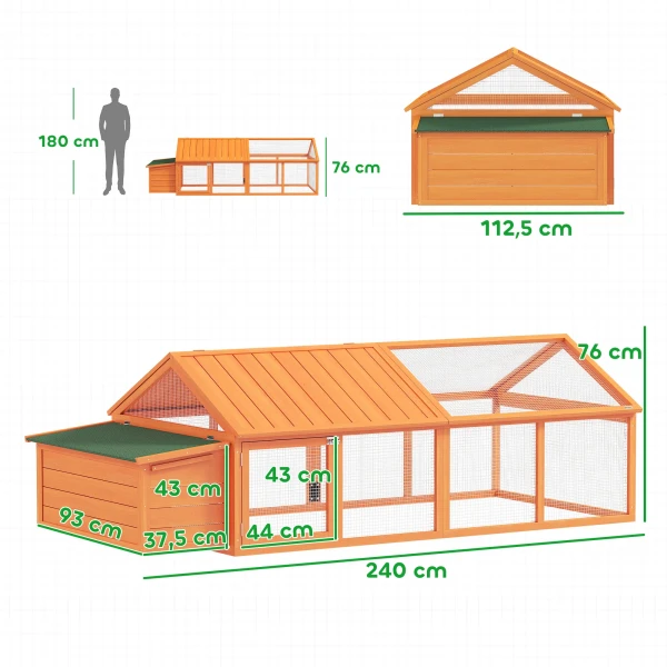 Kippenhok Vrije Uitloop 2,4 X 1,125 X 0,76 M Vrije Uitloop Met Slot Deur Openklapbaar Dak Sparrenhout Oranje