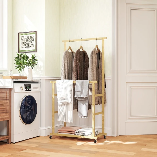 Kledingrek Op Wielen, Garderoberek Met Kledingstang, Schoenenrek, Gemaakt Van Bamboe, 80 X 40 X 160 Cm, Natuur