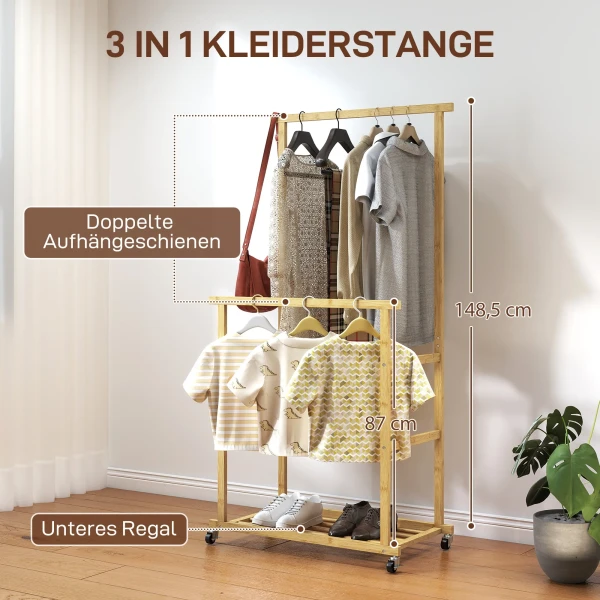 Kledingrek Op Wielen, Garderoberek Met Kledingstang, Schoenenrek, Gemaakt Van Bamboe, 80 X 40 X 160 Cm, Natuur