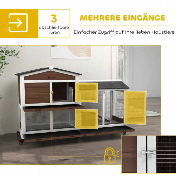 Klein Dierenhok Met Wielen, Dwergkonijnenhok, Vrije Uitloop Ren, Asfaltdak, Klein Dierenhuis, Dwergkonijnen Ren, Hout, Staal, Bruin