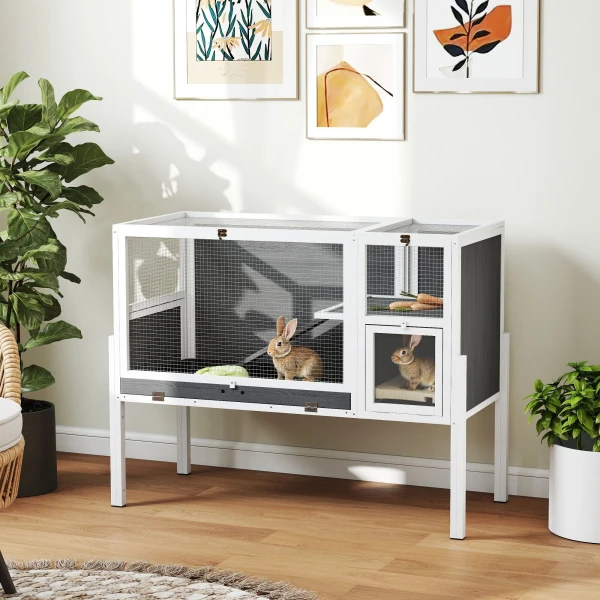 Klein Dierenhok Voor Dwerghamsters, Konijnen, Cavia's, Met Accessoires, Verhoogd Ontwerp, Hout, Metaal, Grijs