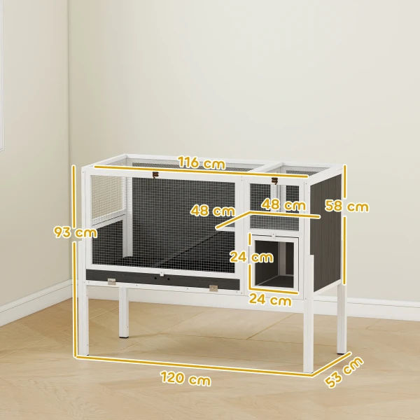 Klein Dierenhok Voor Dwerghamsters, Konijnen, Cavia's, Met Accessoires, Verhoogd Ontwerp, Hout, Metaal, Grijs