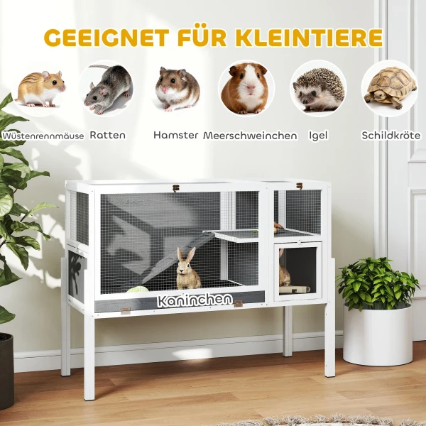 Klein Dierenhok Voor Dwerghamsters, Konijnen, Cavia's, Met Accessoires, Verhoogd Ontwerp, Hout, Metaal, Grijs