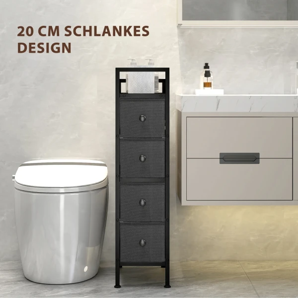 Kommode Kast Met 4 Lades Gemaakt Van Vliesstof, Opbergkast Met Stalen Frame, 20cm X 43cm X 81,5cm, Zwart