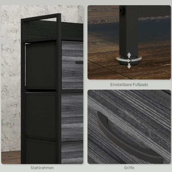 Kommode, Sideboard, 4 Stofflades, Industrieel Ontwerp, 60x29x85cm, Zwart