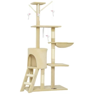Krabpaal Kattenboom Met Hol, 4 Speelgoedjes, Sisalstammen, Groot Platform, Trap, Voor Katten Onder 5 Kg, Beige