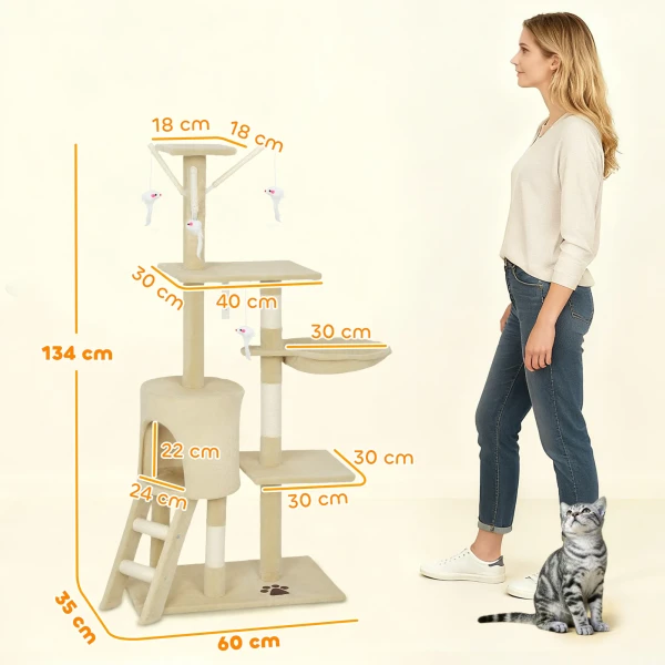 Krabpaal Kattenboom Met Hol, 4 Speelgoedjes, Sisalstammen, Groot Platform, Trap, Voor Katten Onder 5 Kg, Beige