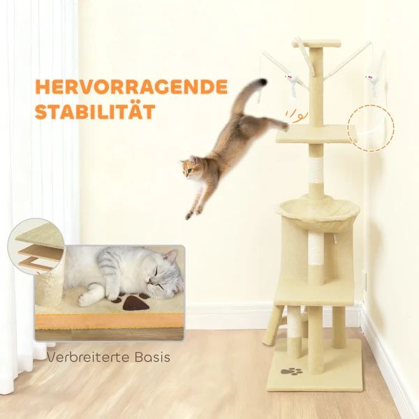 Krabpaal Kattenboom Met Hol, 4 Speelgoedjes, Sisalstammen, Groot Platform, Trap, Voor Katten Onder 5 Kg, Beige