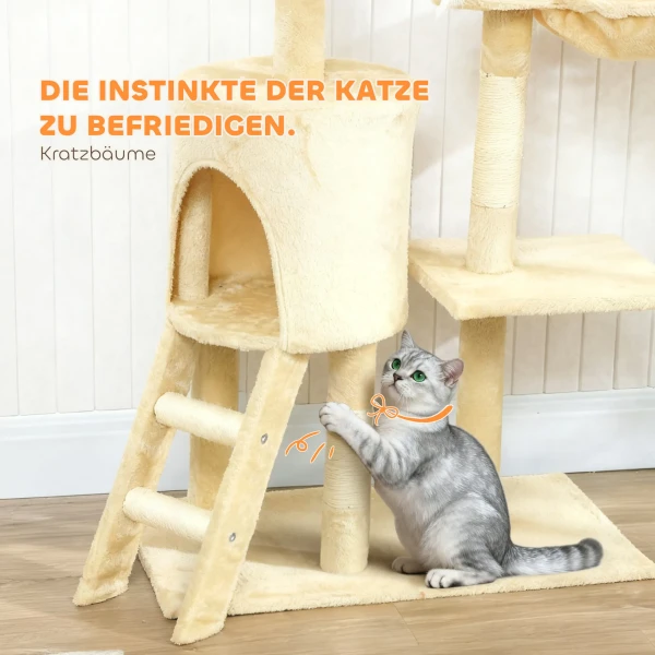 Krabpaal Kattenboom Met Hol, 4 Speelgoedjes, Sisalstammen, Groot Platform, Trap, Voor Katten Onder 5 Kg, Beige