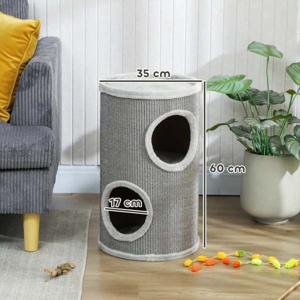 Krabton, 60 Cm Hoog Ø 35 Cm Tweelaagse Kattenton Met 2 Grotten, Pluche Rand, Voor 1 2 Katten Tot 5 Kg, Lichtgrijs