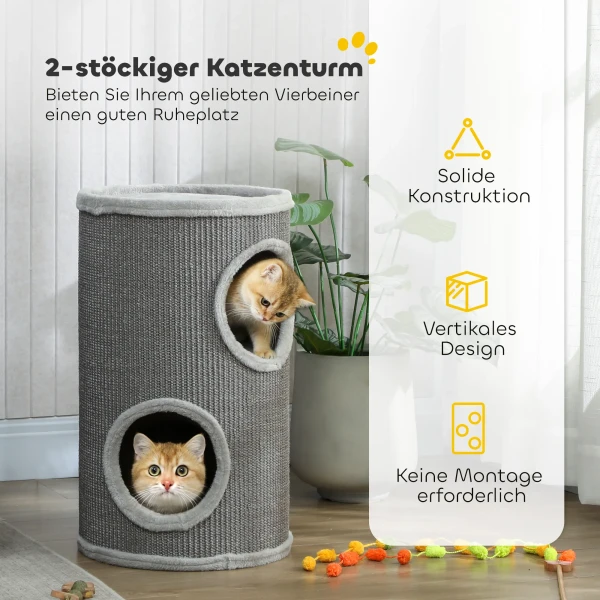 Krabton, 60 Cm Hoog Ø 35 Cm Tweelaagse Kattenton Met 2 Grotten, Pluche Rand, Voor 1 2 Katten Tot 5 Kg, Lichtgrijs