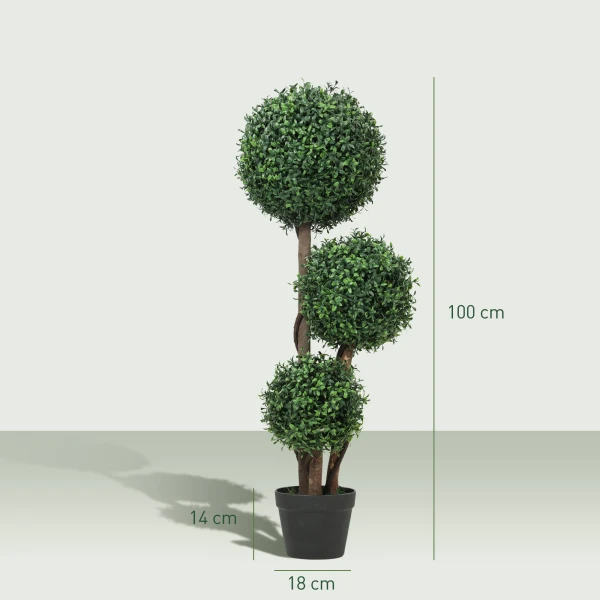 Kunstmatige Buxus Bol Drievoudige Kunstplant, Kunstmatige Plant Met Houten Stam In Pot, 30 X 30 X 100 Cm, Groen