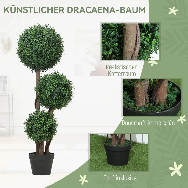 Kunstmatige Buxus Bol Drievoudige Kunstplant, Kunstmatige Plant Met Houten Stam In Pot, 30 X 30 X 100 Cm, Groen