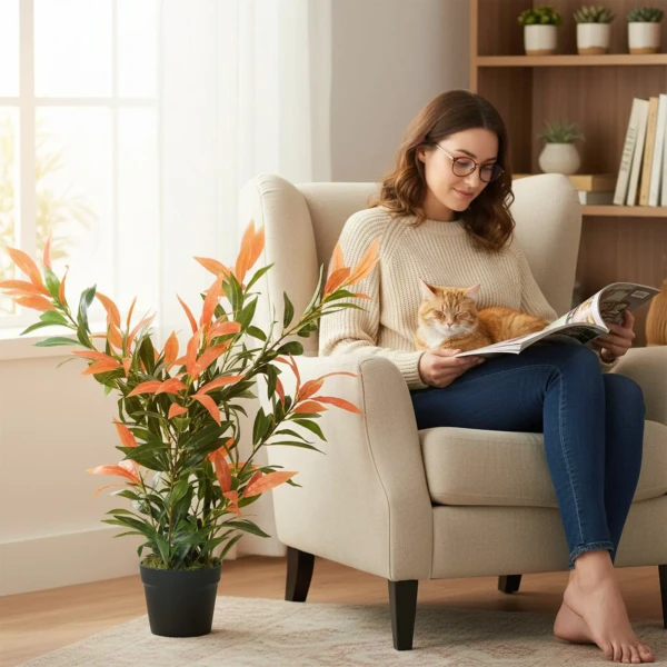 Kunstmatige Glansmispel 90 Cm Kunstplant Met 300 Bladeren, Aanpasbare Takken, 45 X 45 X 90 Cm, Rood+Groen