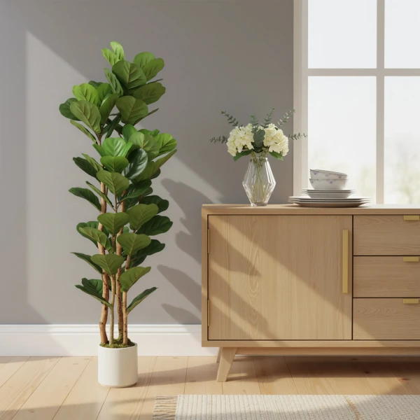 Kunstmatige Vioolvijgenboom Kunstplant Met 71 Bladeren, Massief Houten Stam, Pot, 50 X 50 X 150 Cm, Groen