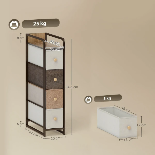Ladekast Met 4 Lades Gemaakt Van Vliesstof, Opbergkast Met Stalen Frame, 20 X 47 X 84,5 Cm, Meerkleurig