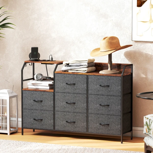 Ladekast Met 8 Stoffen Lades, Stalen Frame, Oplaadstation, Rustiek Bruin+Zwart