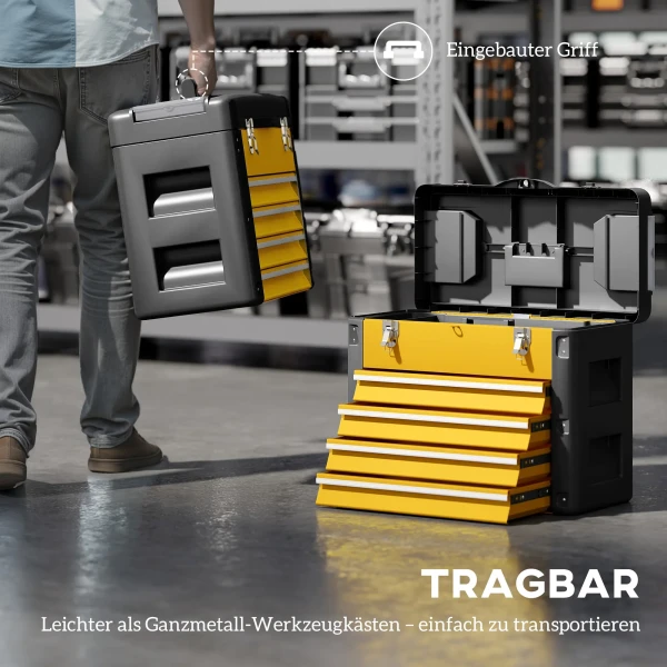 Lege Gereedschapskist, 49,7 X 25,3 X 40,7 Cm Gereedschapskist Met 4 Laden, Mini Box Staal Geel