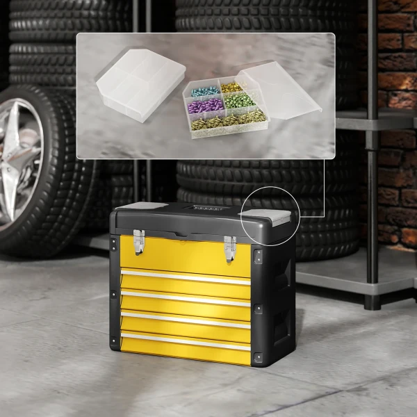 Lege Gereedschapskist, 49,7 X 25,3 X 40,7 Cm Gereedschapskist Met 4 Laden, Mini Box Staal Geel