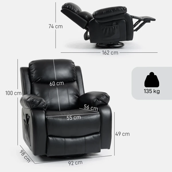 Massagesstoel Met 8 Vibratiekoppen, Relaxstoel, Verstelbare Rugleuning + Voetensteun, Zwart