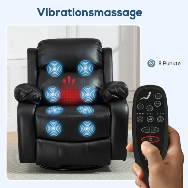 Massagesstoel Met 8 Vibratiekoppen, Relaxstoel, Verstelbare Rugleuning + Voetensteun, Zwart