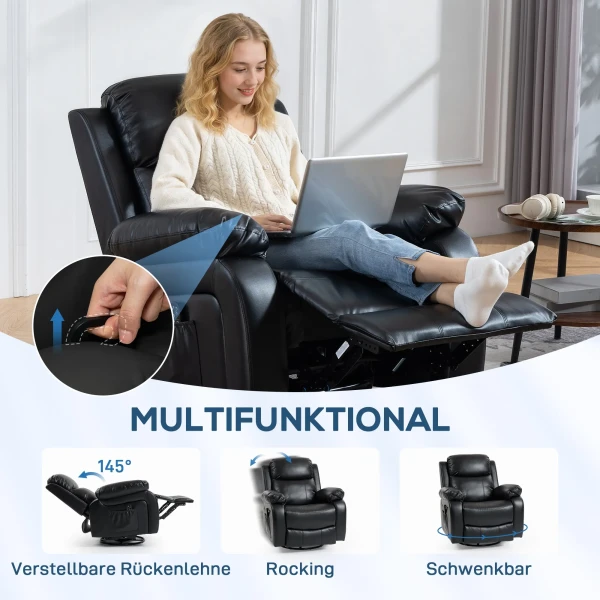 Massagesstoel Met 8 Vibratiekoppen, Relaxstoel, Verstelbare Rugleuning + Voetensteun, Zwart