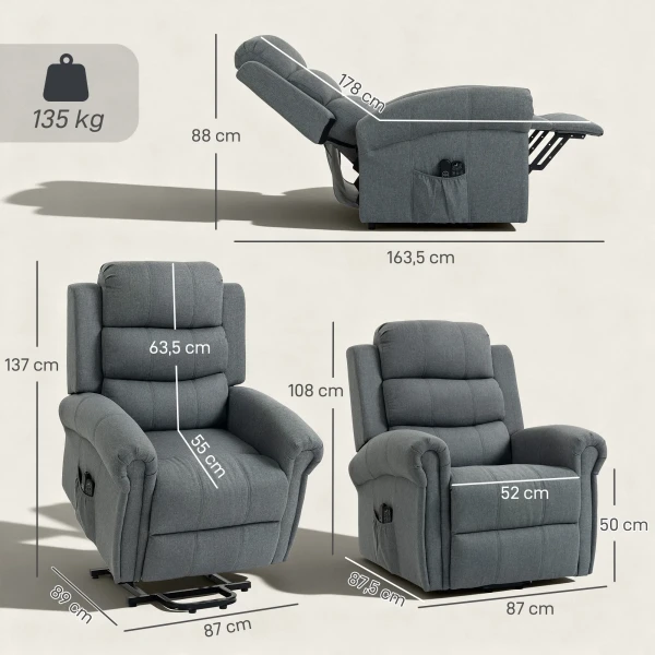 Massagestoel Met Opsta hulp, Relaxstoel, Vibratiekoppen, Met Kantelfunctie, Linnenlook, Grijs